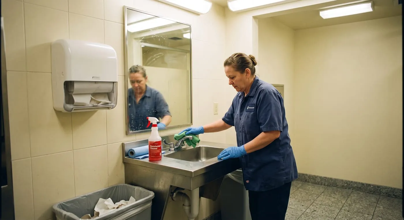 Commercial office washroom cleaning and sanitizing