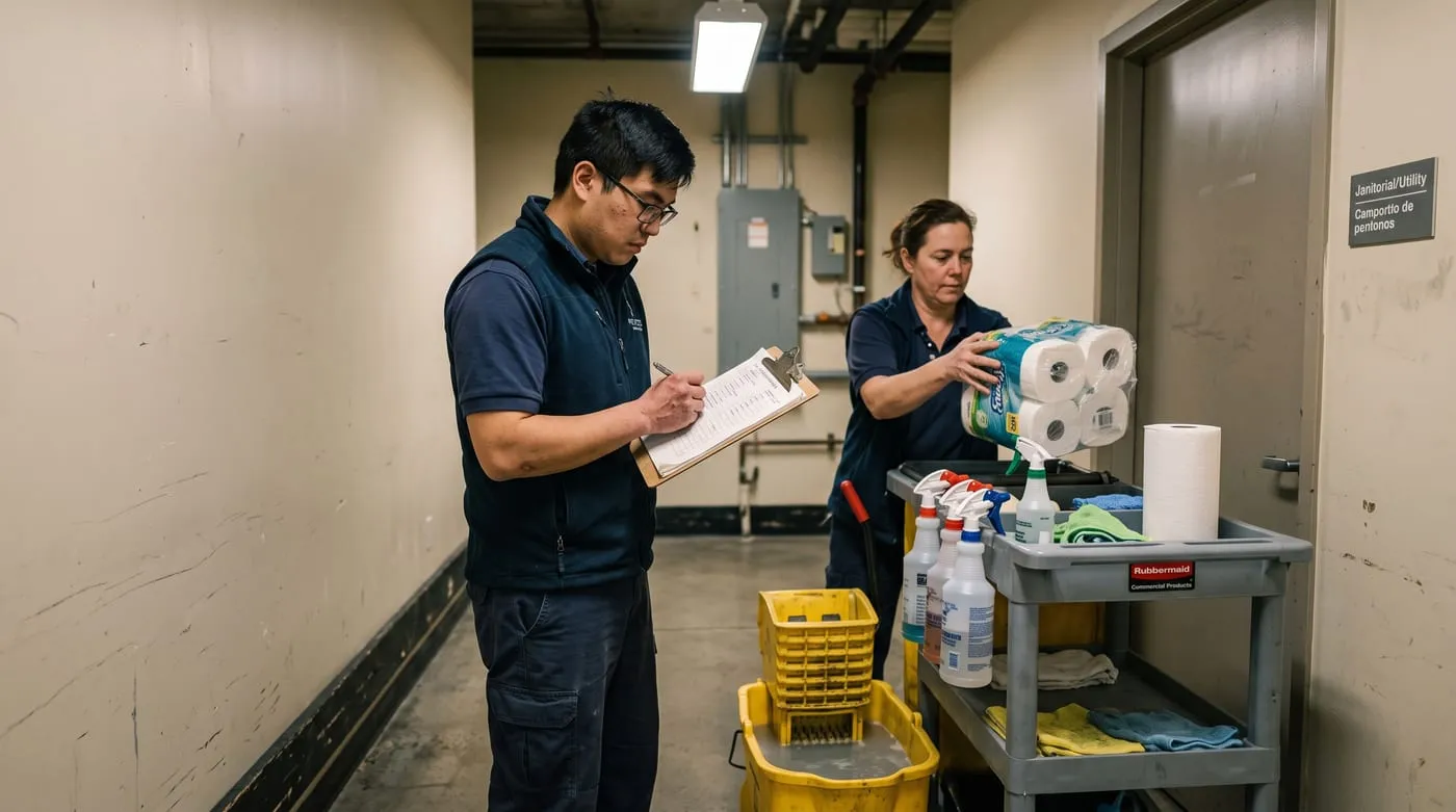 Janitorial worker restocking a cleaning cart in a commercial corridor