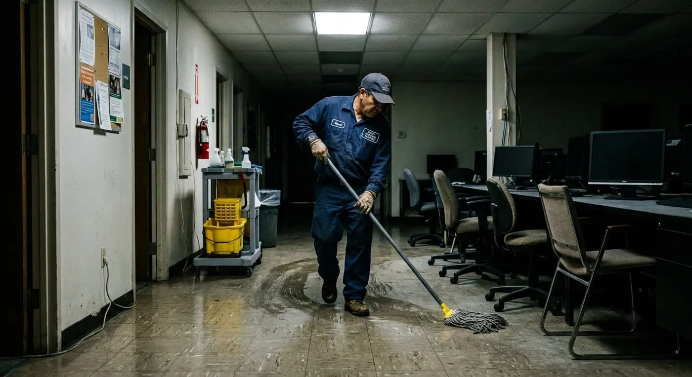 Janitorial crew cleaning an office hallway after hours