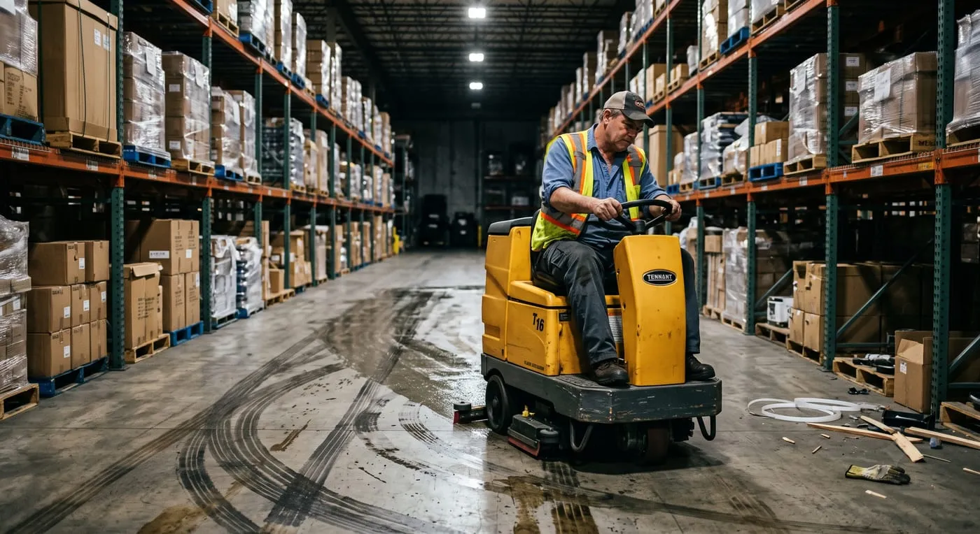 Industrial warehouse floor scrubbing