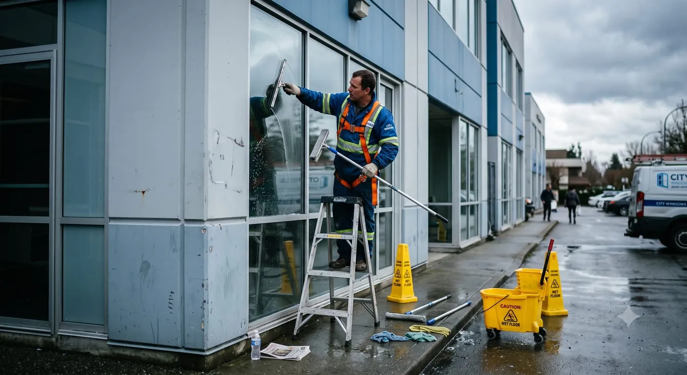 Exterior window cleaning on a commercial building