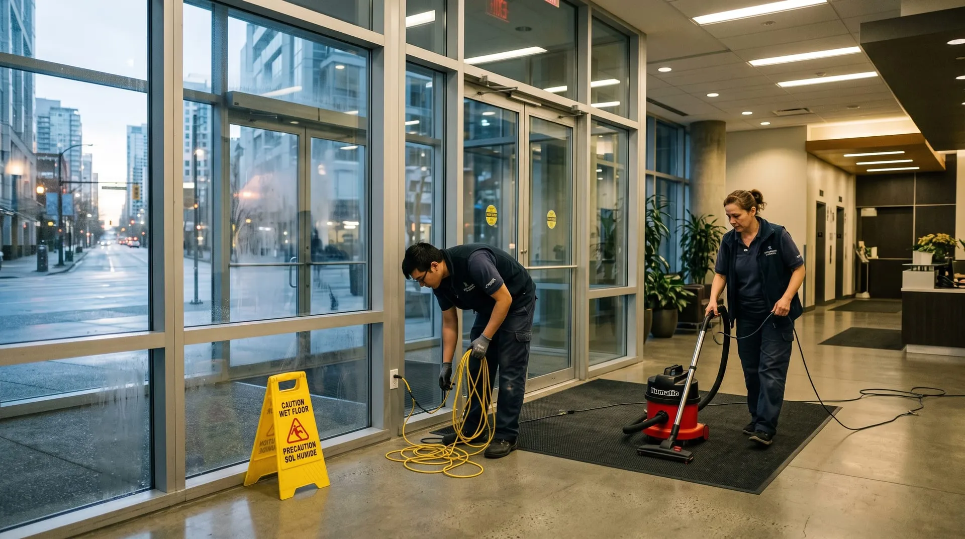 BrightCareers cleaning team at a commercial building entrance