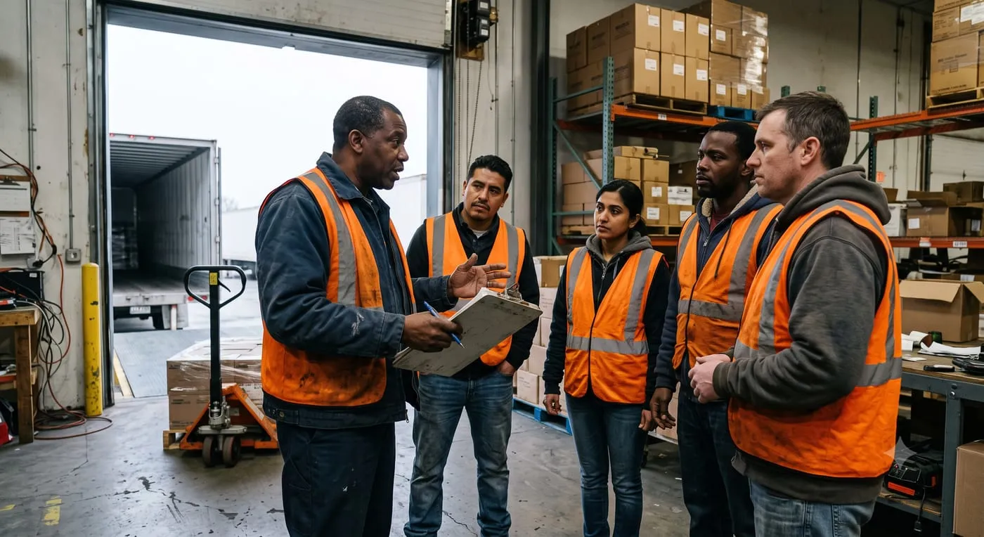 Warehouse staffing team briefing near a loading dock